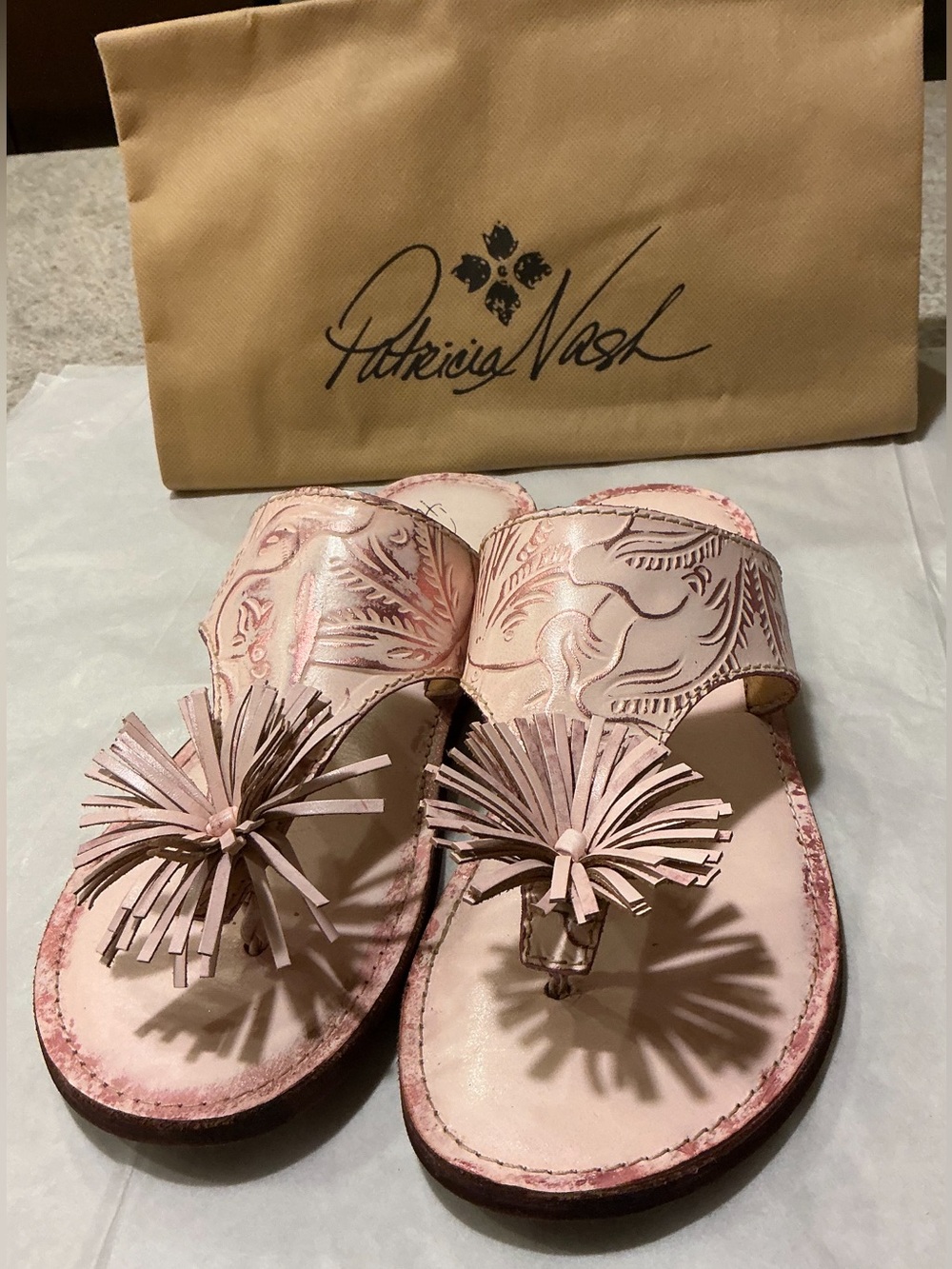 Patricia Nash Blush Pink Country Western Leather Fringe Tassel Slide Sandal SZ 9